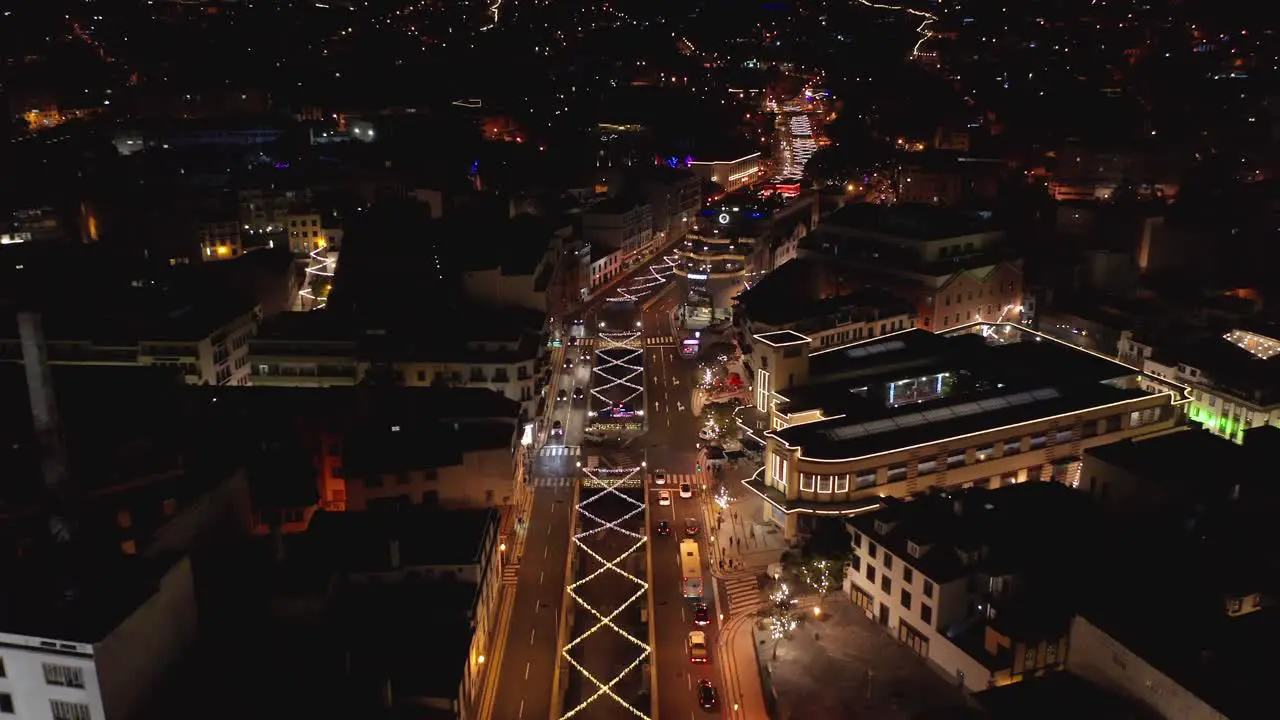 City Christmas lights illuminating streets of Funchal in December aerial Rua Brigadeiro Oudinot