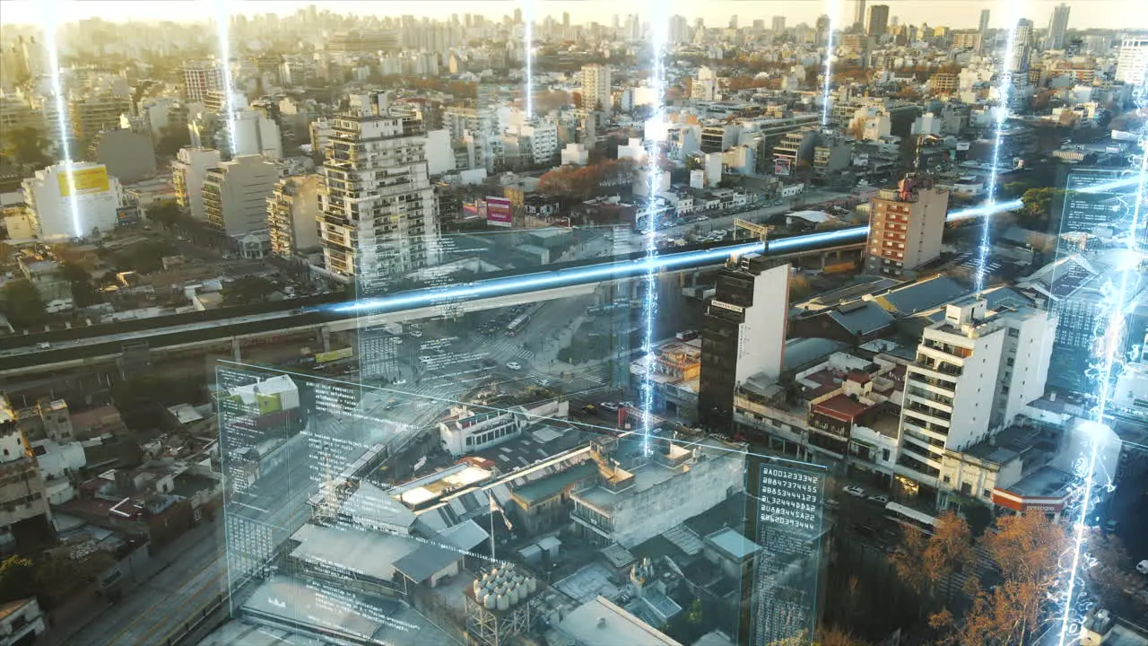 Aerial shot over digital modern city with high tech data communication in sunset Flight over Buenos Aires with driving speed train with connection lines