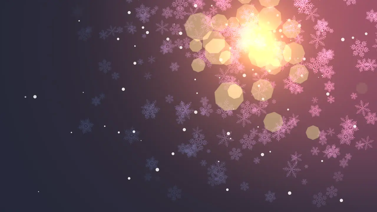 Falling white snowflakes and gold particles in blue sky