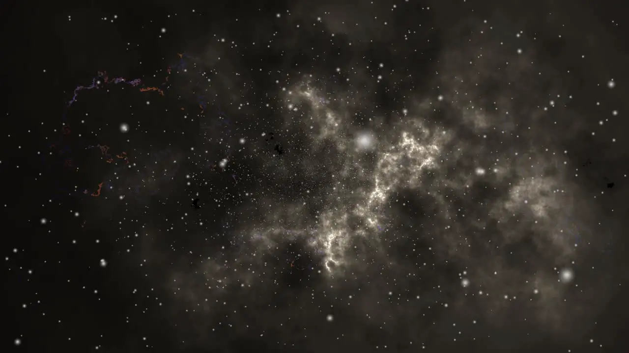 moving light brown nebula clouds floating in the universe