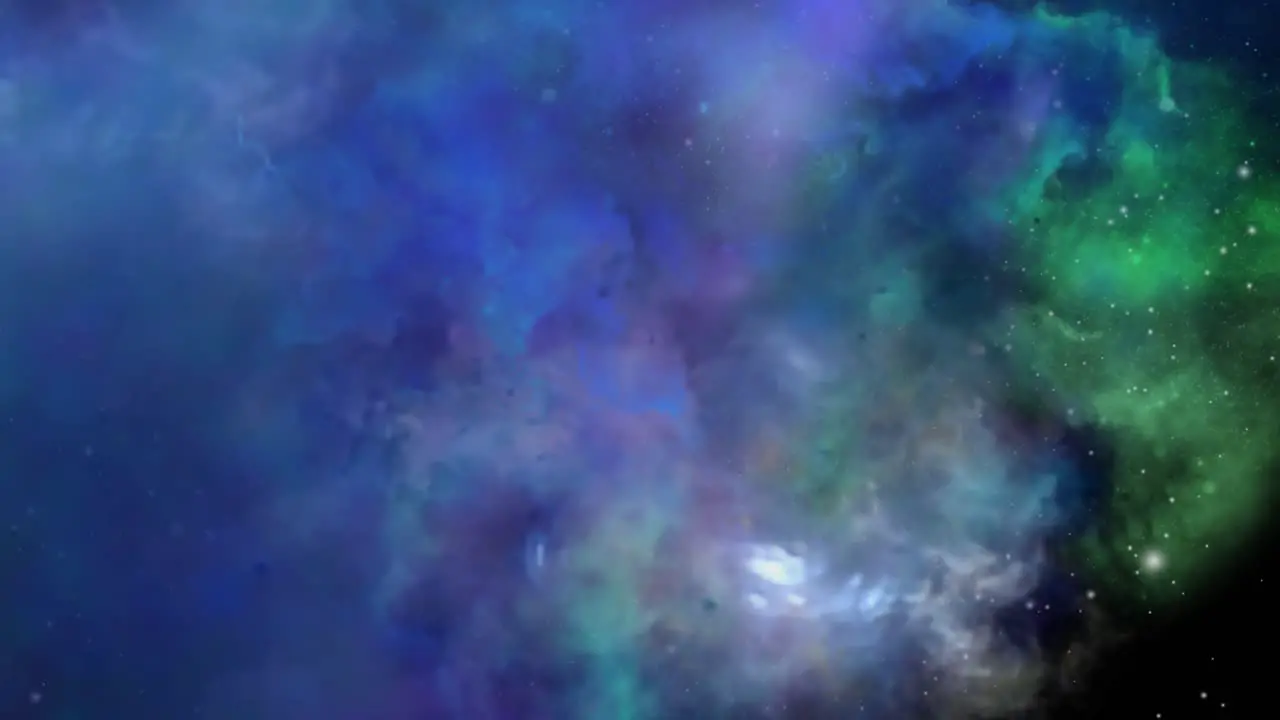 a cloud of blue and green nebula clouds moving closer to the universe outer space