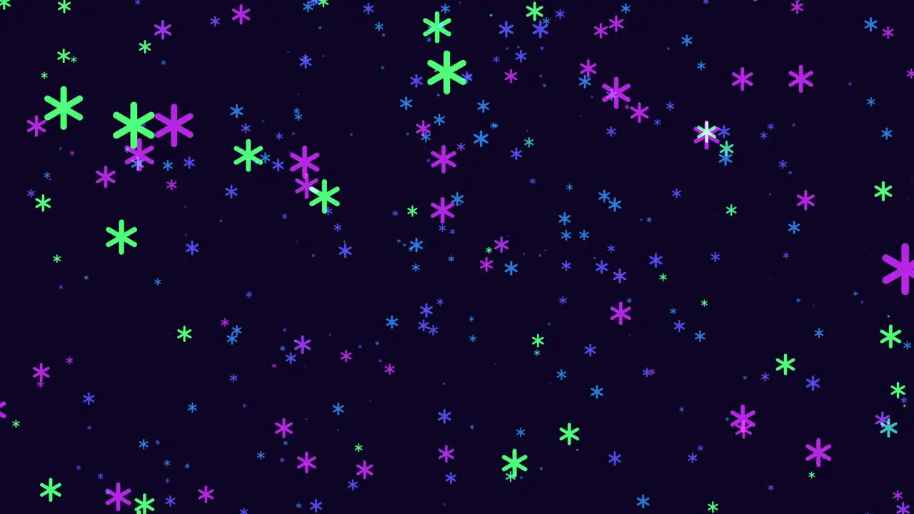 Fly blue and yellow snowflakes on purple dark sky