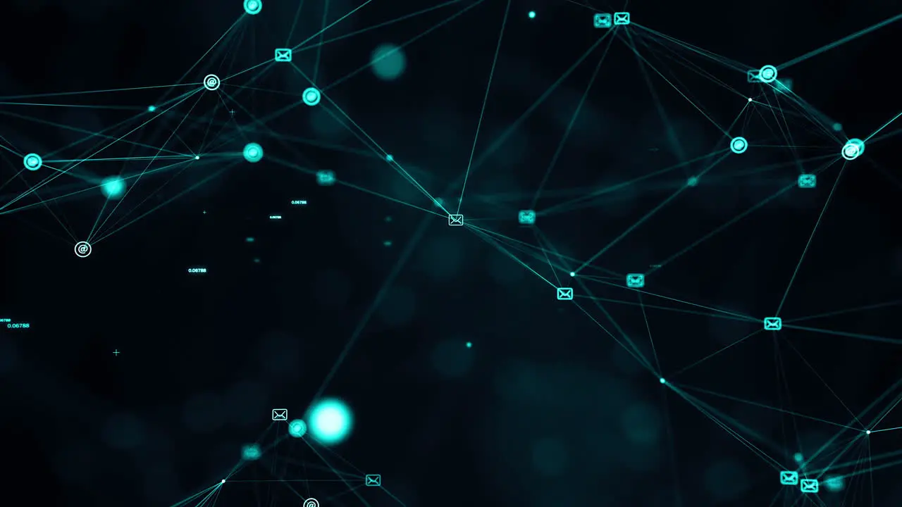 Cgi Animation Of Pulsating Dots And Messaging Icons Connected By Strings Floating In Dark Digital Space With Plexus Effect