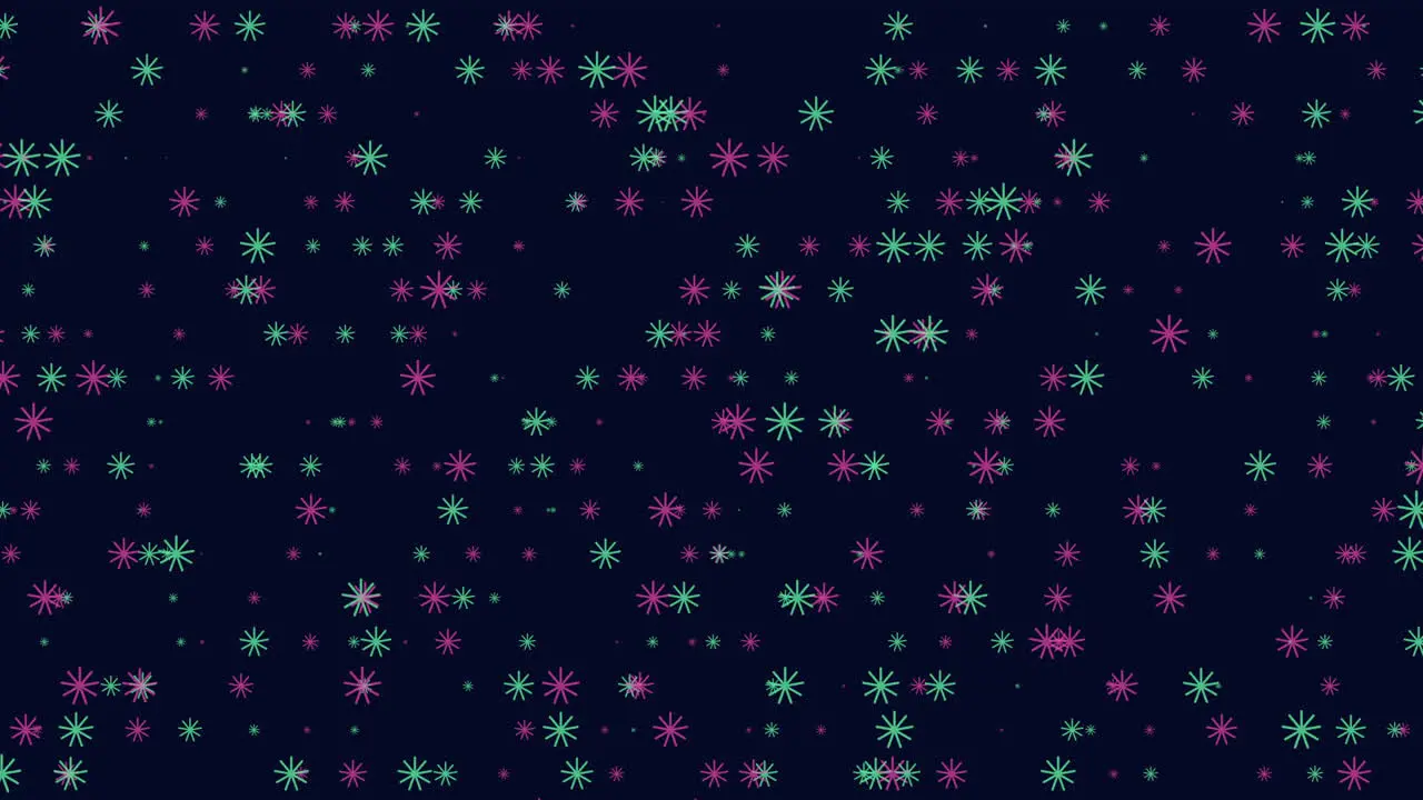 Fly neon snowflakes and confetti on dark galaxy