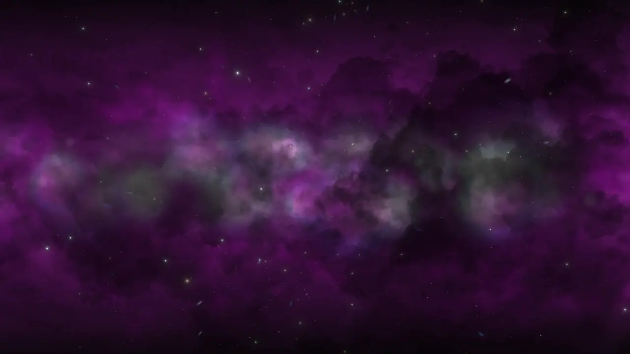 CGI universe zoom through of stars in striped deep purple cloudy nebula in space wide view