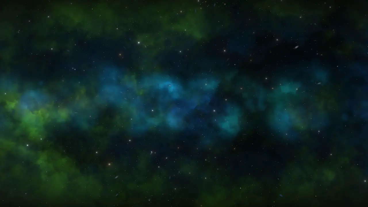 CGI universe zoom through of stars in blue green cloudy nebula in space wide view