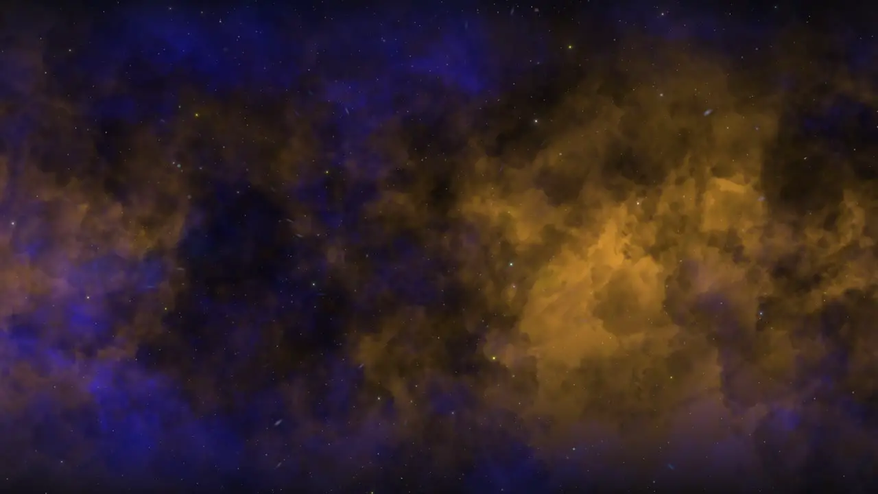 CGI universe zoom through of stars in blue orange cloudy nebula in space wide view