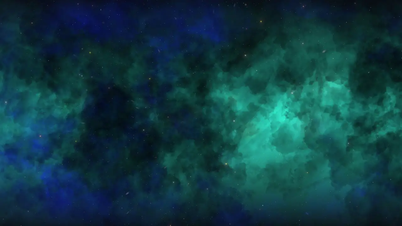 CGI universe zoom through of stars in blue aqua cloudy nebula in space wide view