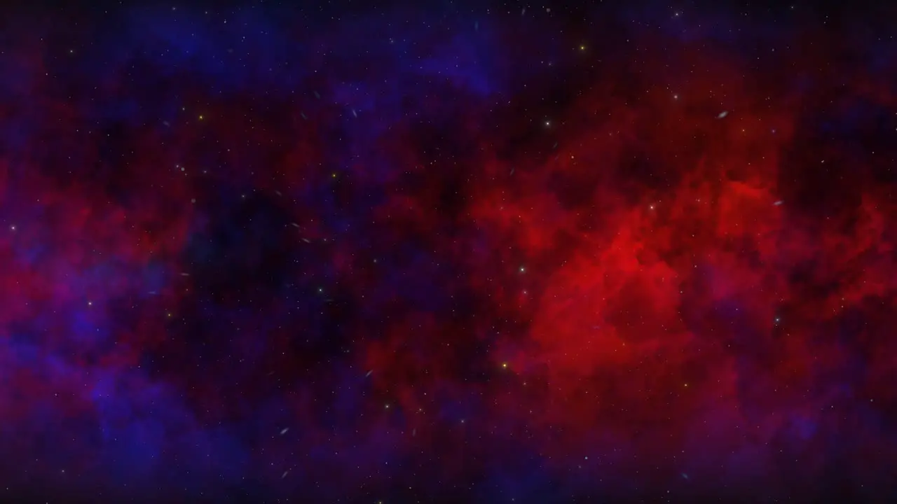 CGI universe zoom through of stars in blue red cloudy nebula in space wide view