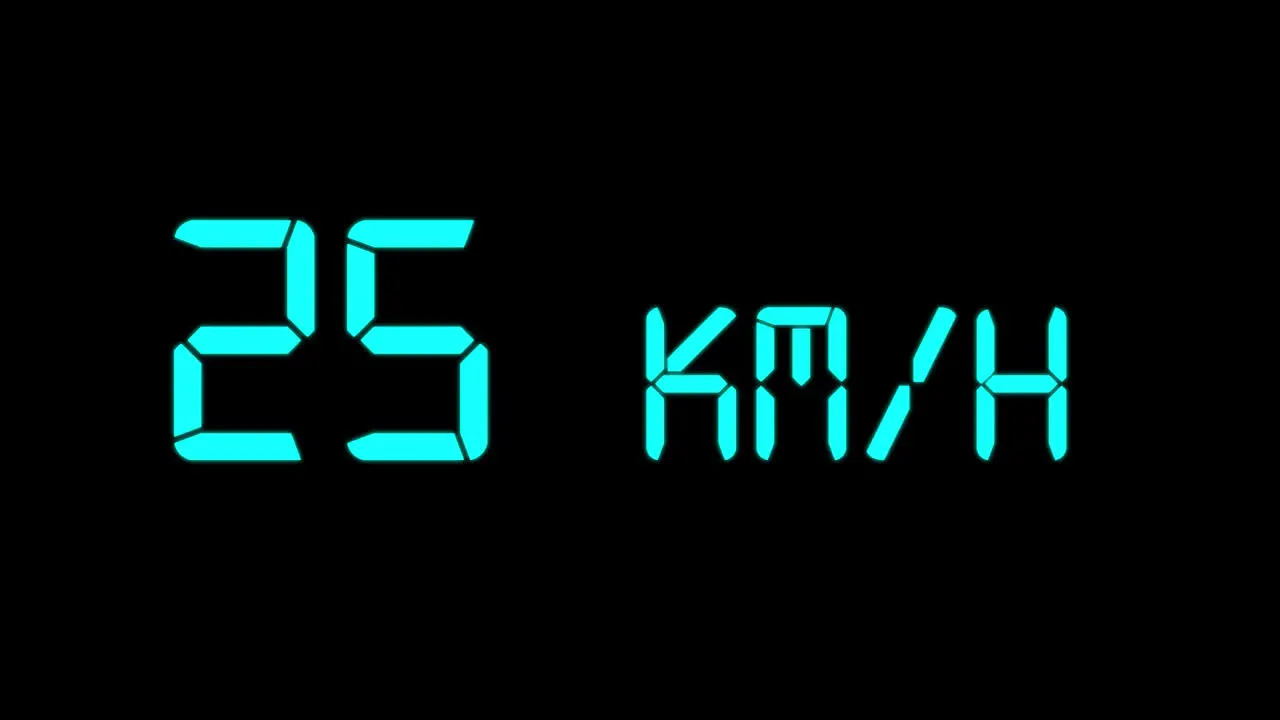 Animation of glowing cyan sign 25 km-h with transparent background