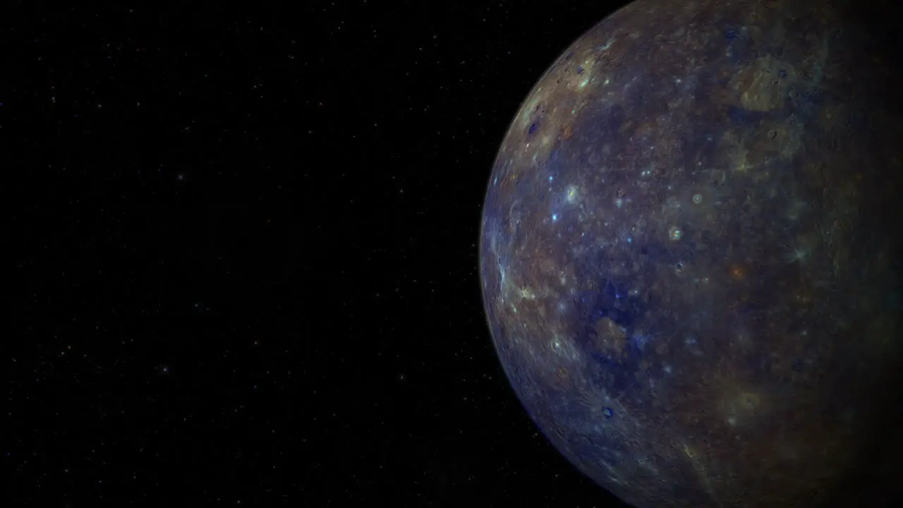 CGI composite planet Mercury rotating screen-right half lit with a starry background