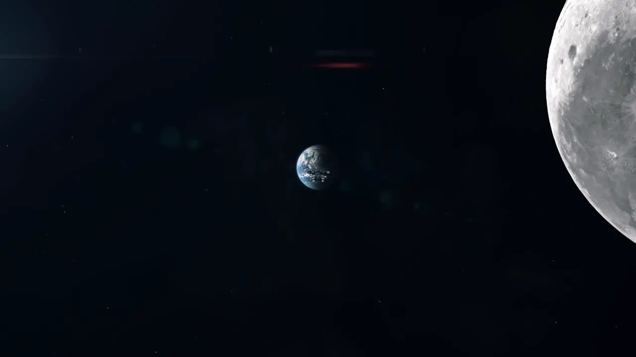 Large Cargo Spaceship Leaving Earth and Flying Past the Moon