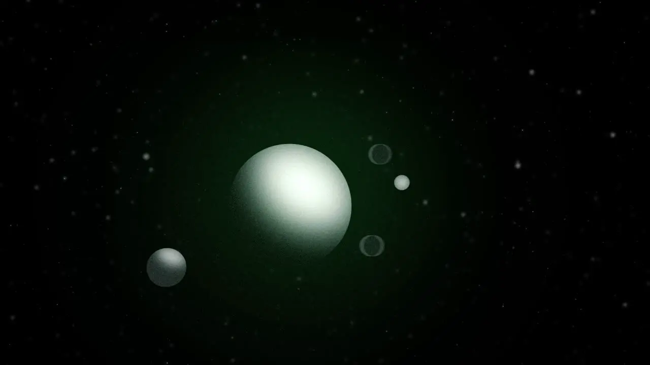 White planet sphere moving in space with 4 moons orbiting around its axis and approaching in front of the camera