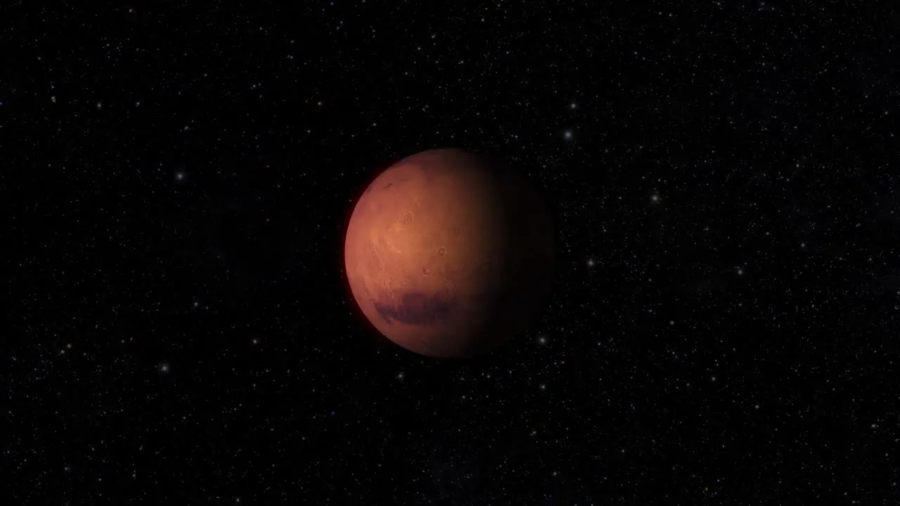 CGI composite planet Mars rotating center-wide shot half lit with a starry background