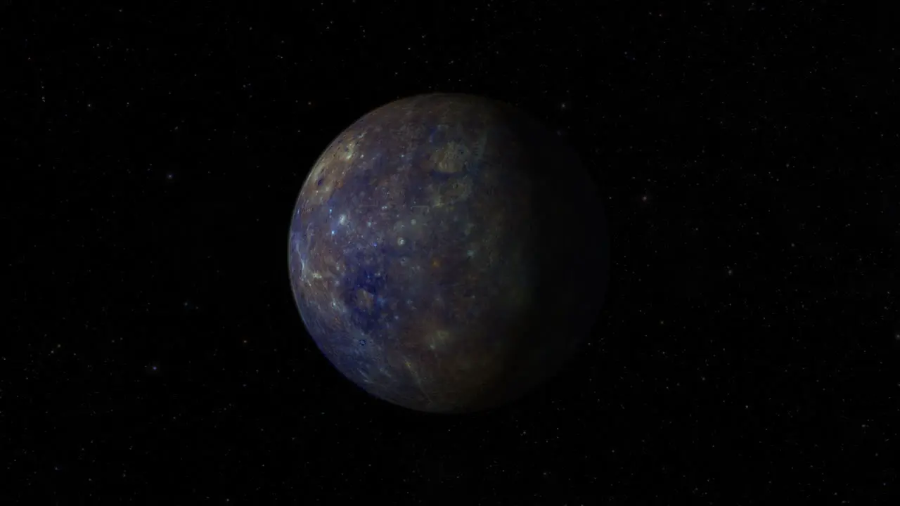 CGI composite zooming in to planet Mercury rotating half lit with a starry background