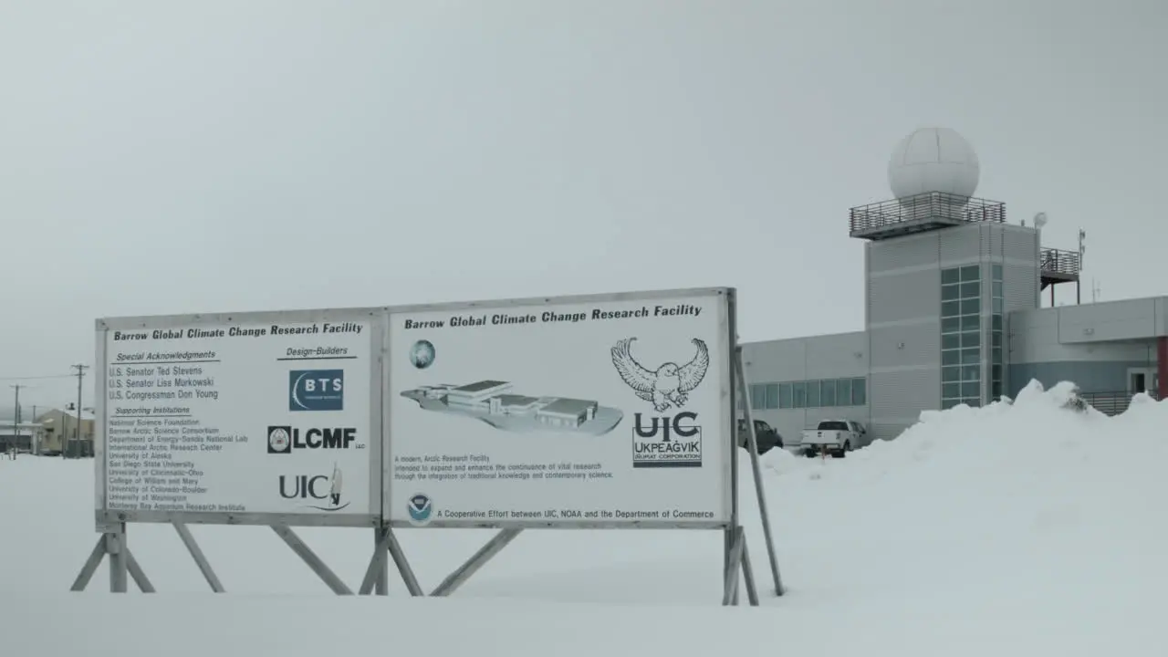 Utqiagvik Arctic Global Climate Change Research Facility Sign near Utqiagvik at Point Barrow in the Arctic Circle