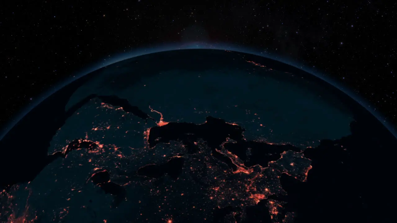 CGI composite flying over planet Earth half lit with a starry background