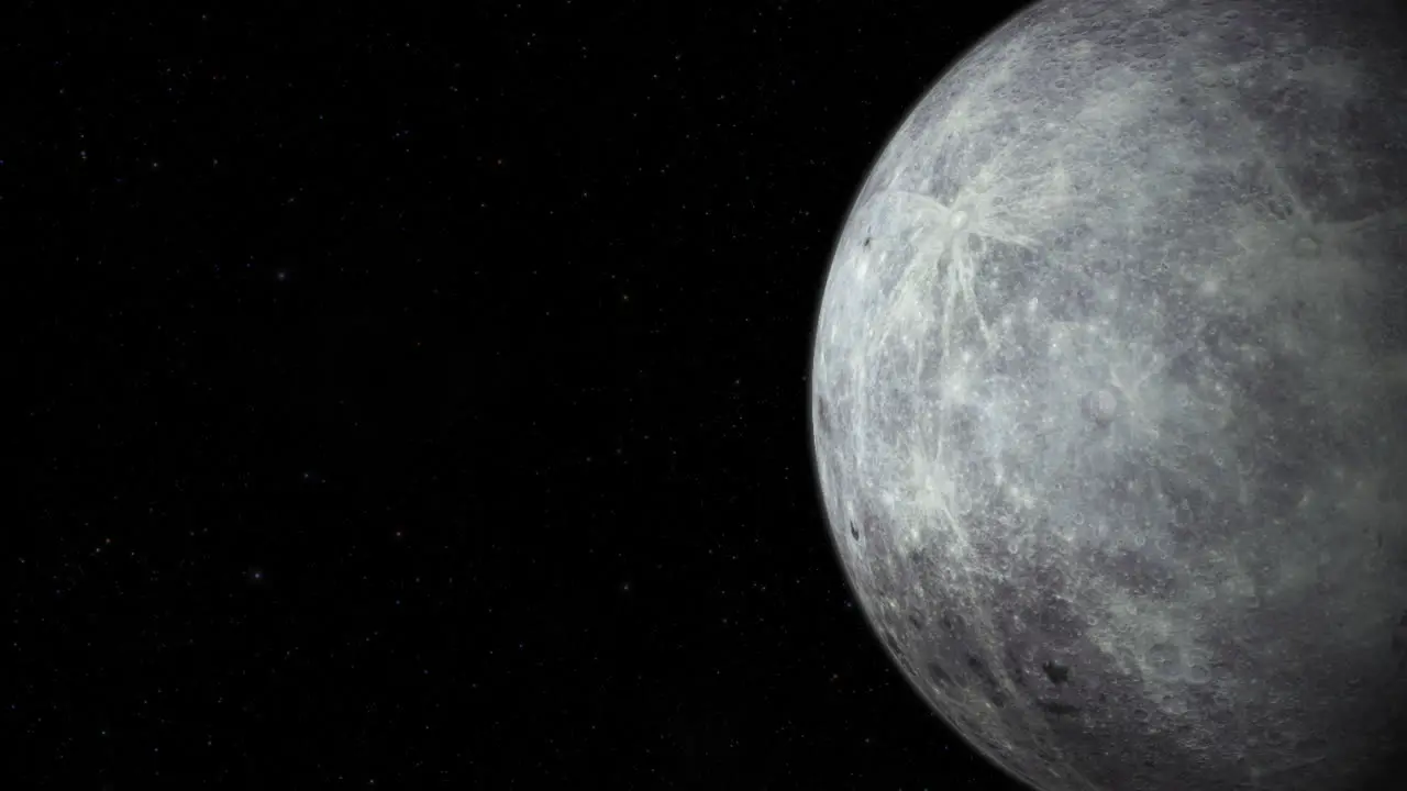 CGI composite the moon rotating screen-right half lit with a starry background