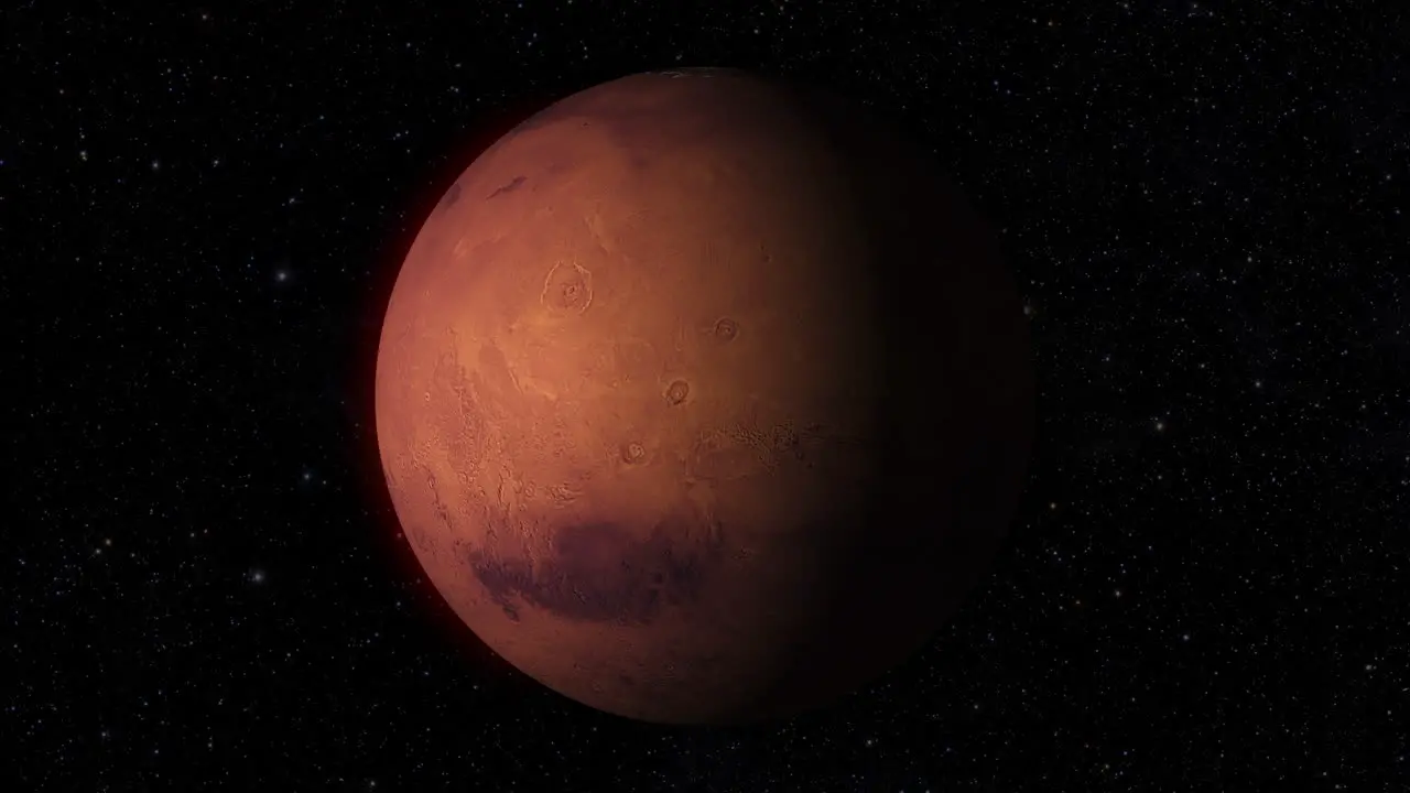 CGI composite planet Mars rotating center-medium shot half lit with a starry background