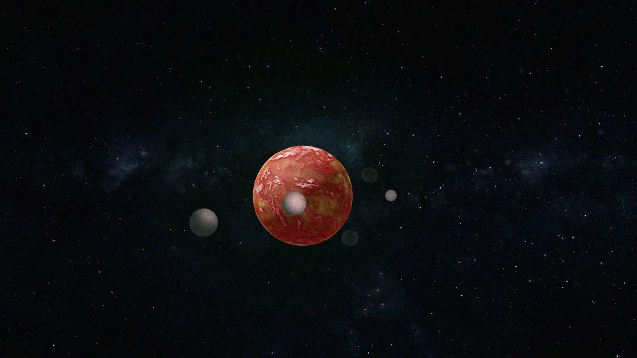 Red dwarf hot planet moving in space with 4 moons orbiting around its axis and approaching in front of the camera