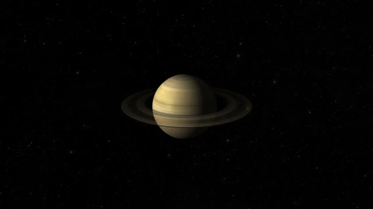 CGI composite planet Saturn with rings rotating center-wide shot