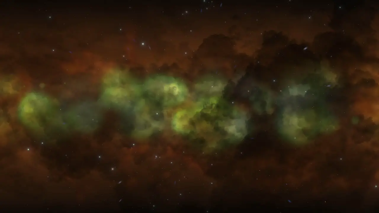 CGI universe zoom through of stars in striped orange yellow cloudy nebula in space wide view