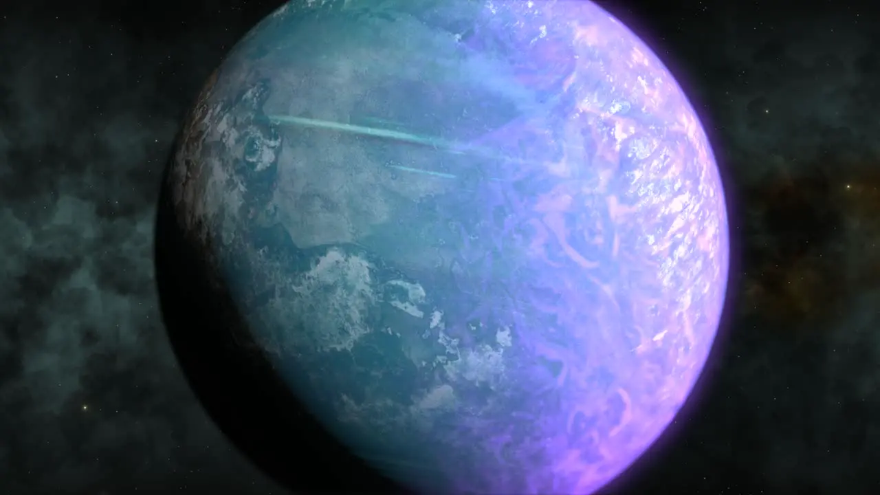 Close up of unexplored rotating super earth like exoplanet in distant space CGI universe