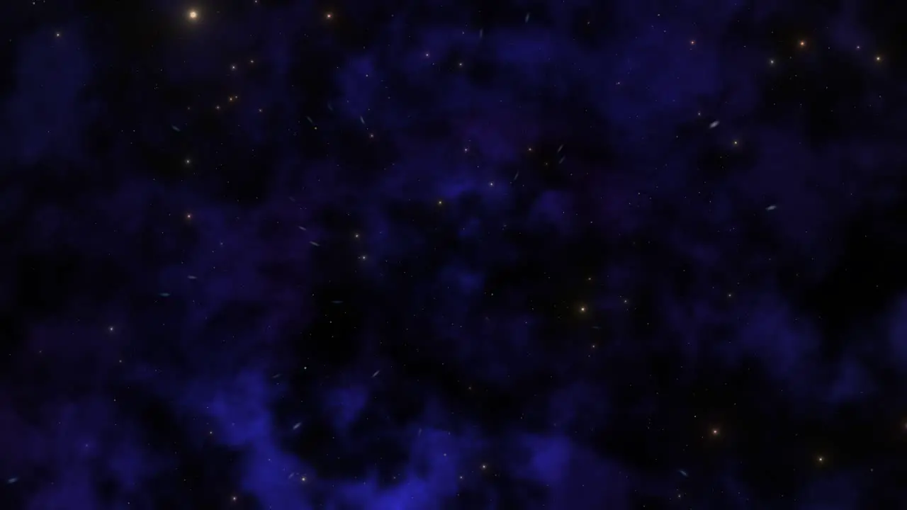 CGI universe zoom by of stars in vast dark indigo dustlike nebula cloud in deep space wide view