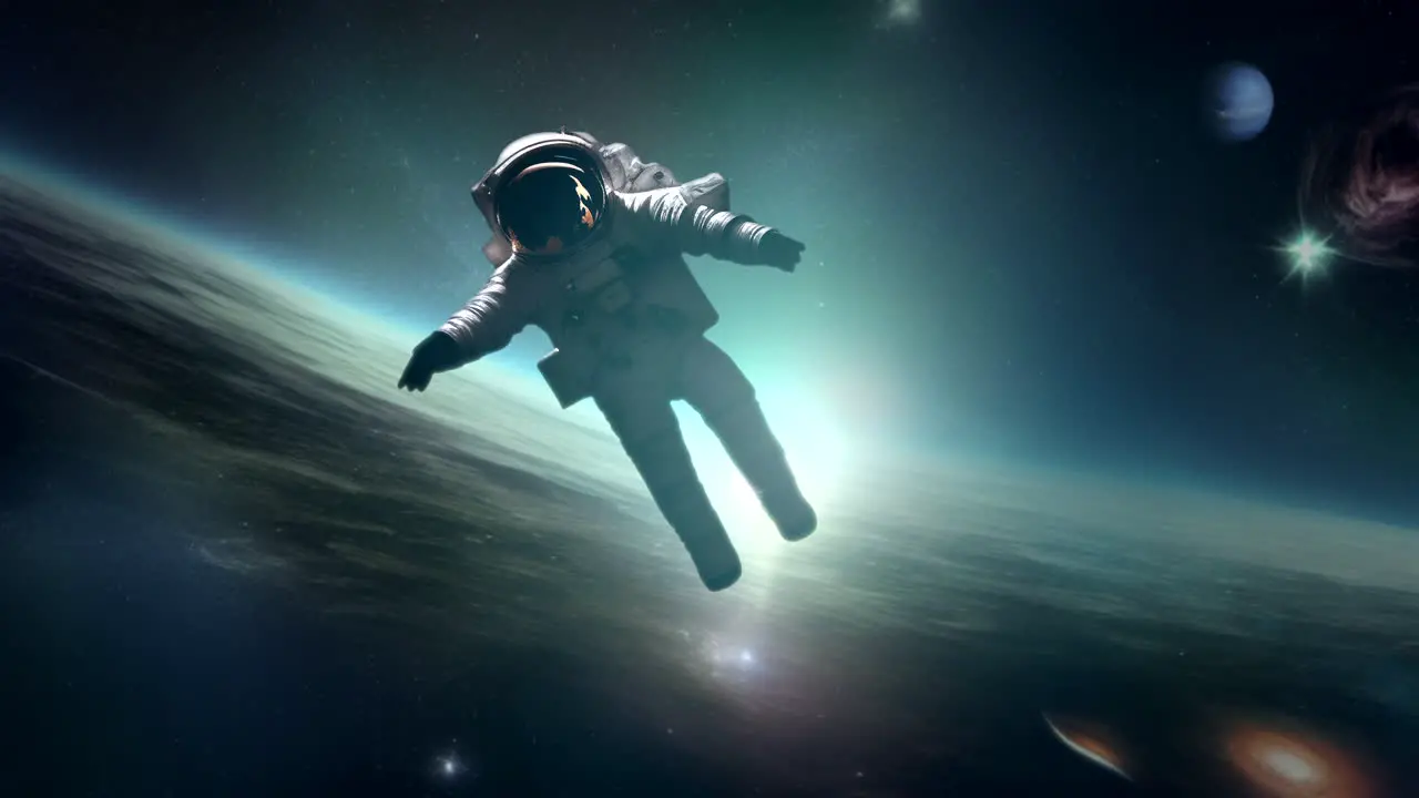 An astronaut lost in space drifting tthrough the universe after a space walk