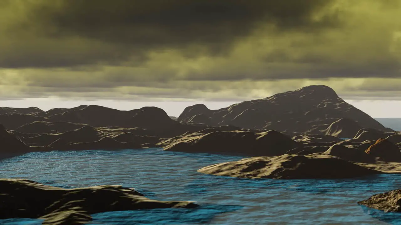 3D Animation showing an alien planet with water mountains and yellow sky