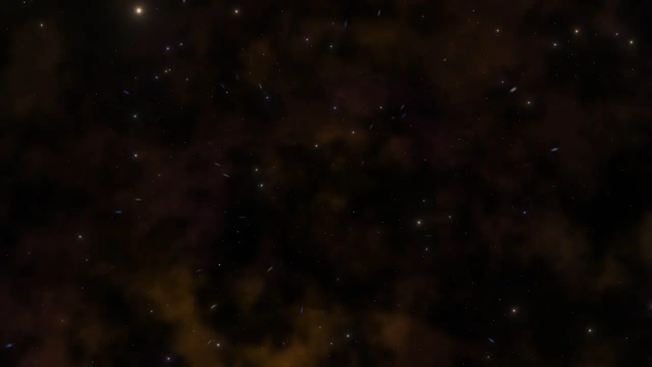 CGI universe zoom by of stars in vast brown nebula cloud in deep space wide view