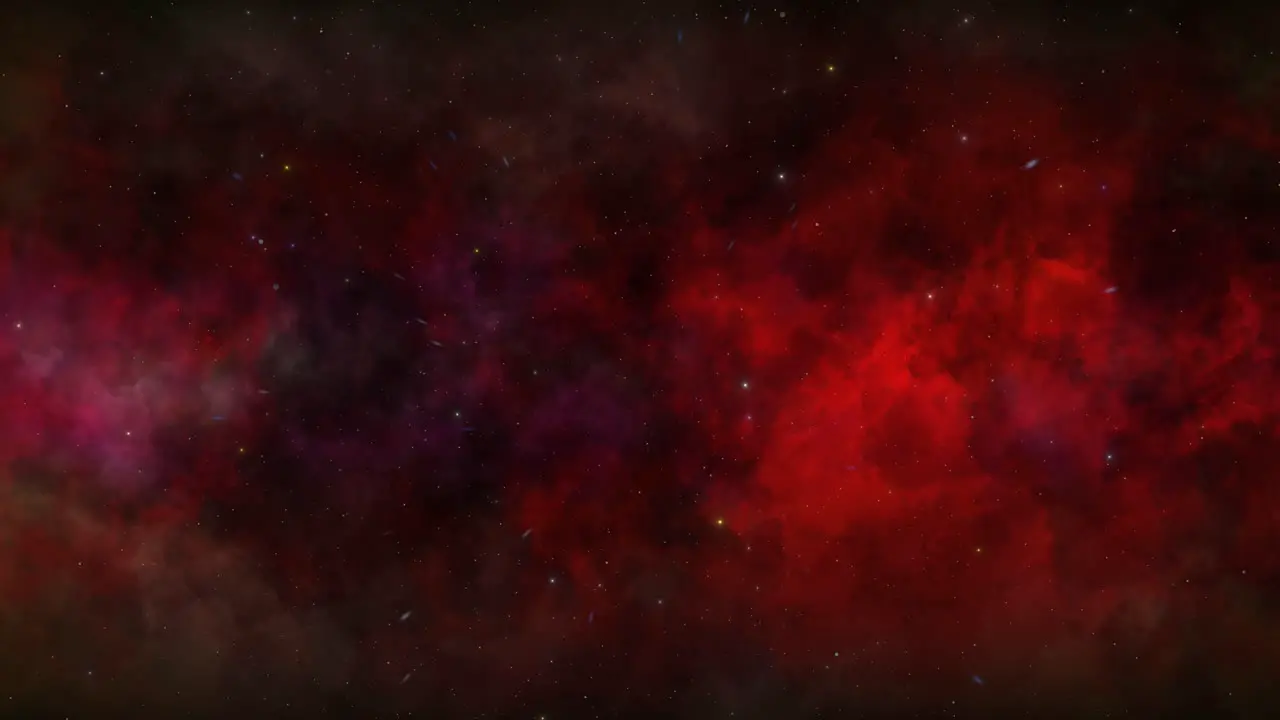 CGI universe zoom through of stars in pink red cloudy nebula in space wide view