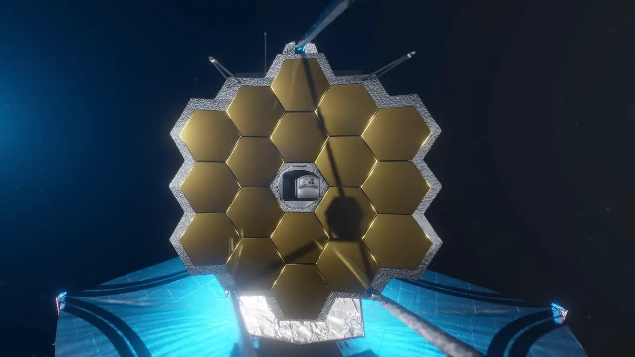 3D animation showing the James Webb telescope's large golden mirror segments