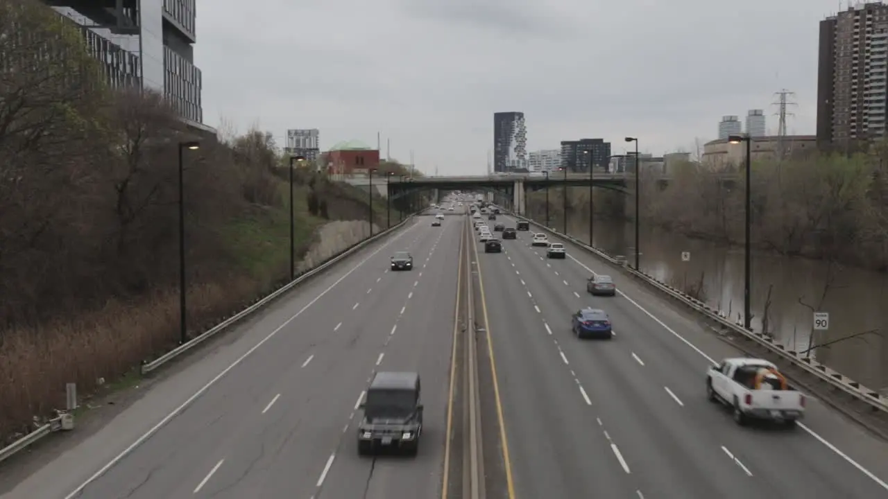 Traffic trailing off into the distance on an overcast day