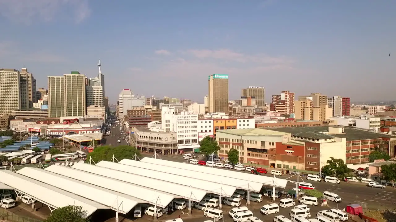 Aerial drone over a mini bus taxi rank and buss terminal in Durban South Africa