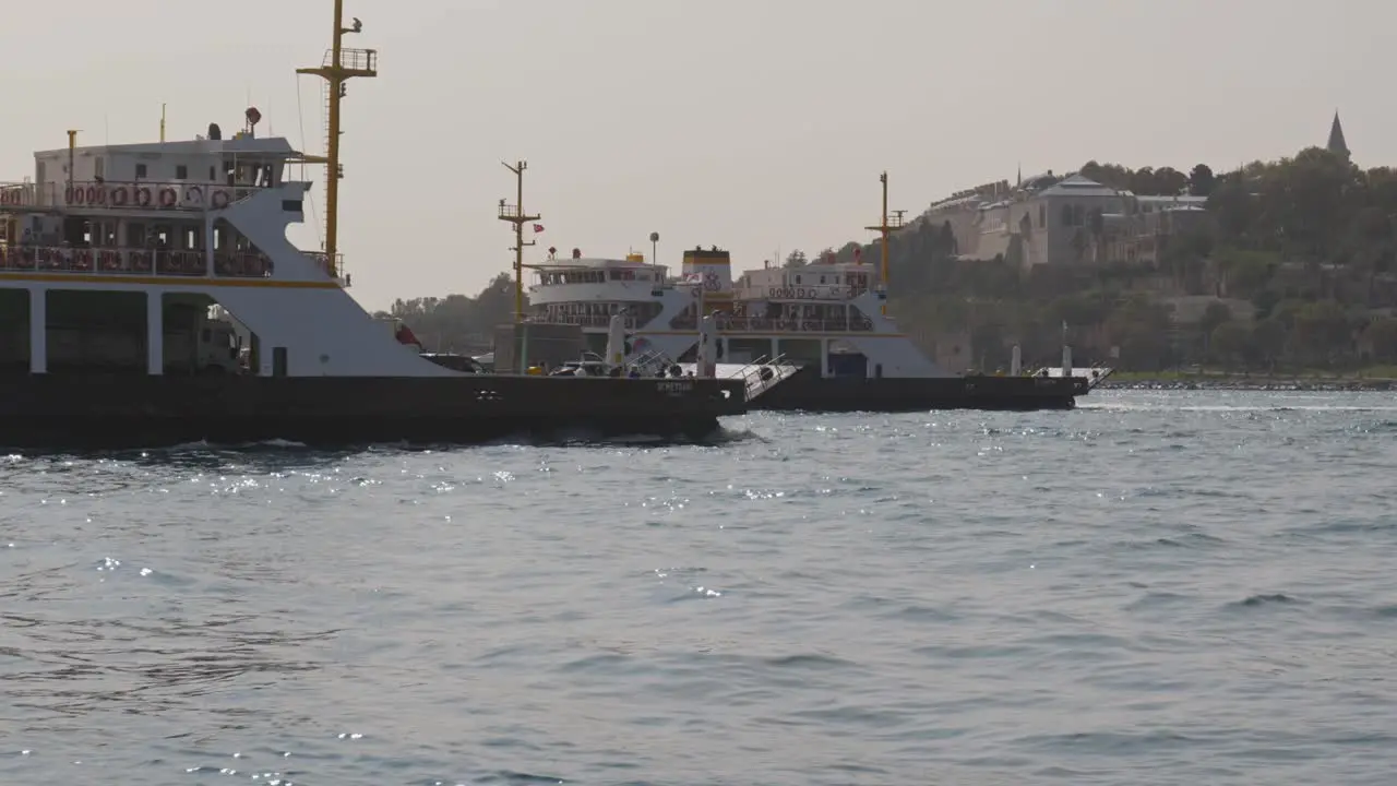 Busy car ferries transport commuters continental crossing overcast day