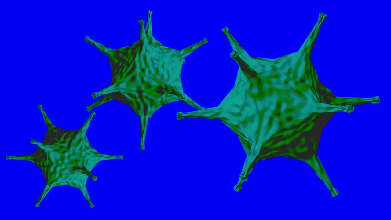 3d renderings of coronavirus or covid-19 virus cells through a microscope with blue screen background for replacement