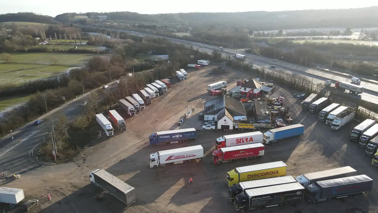 Truck  Lorry transport cafe and parking Essex M25 Aerial 4k