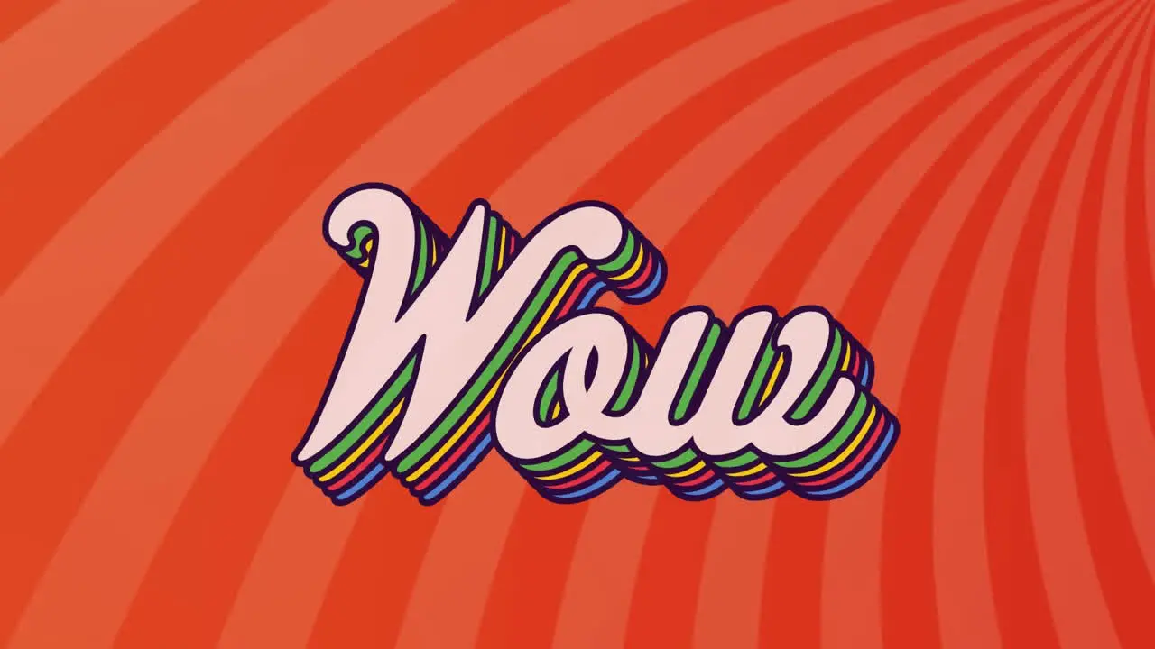 Animation of wow text banner over radial rays in seamless pattern on orange background