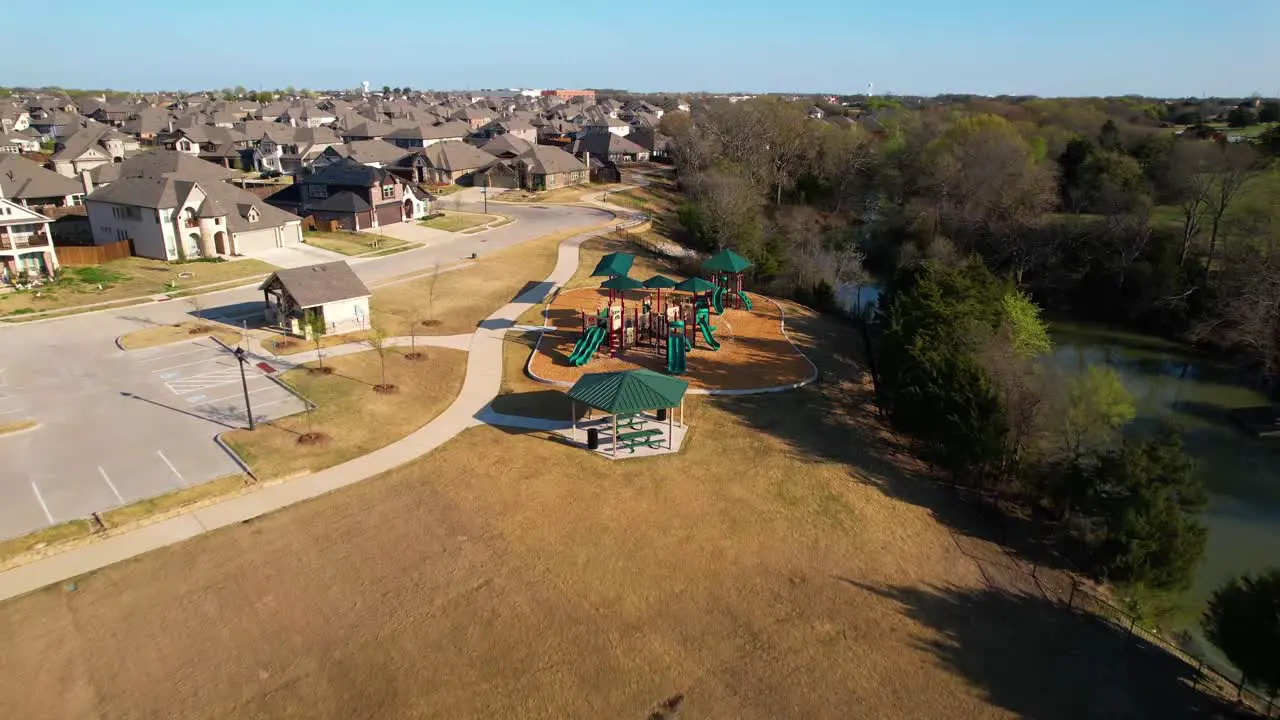 Aerial footage of playground in Lakeview Park in Anna Texas