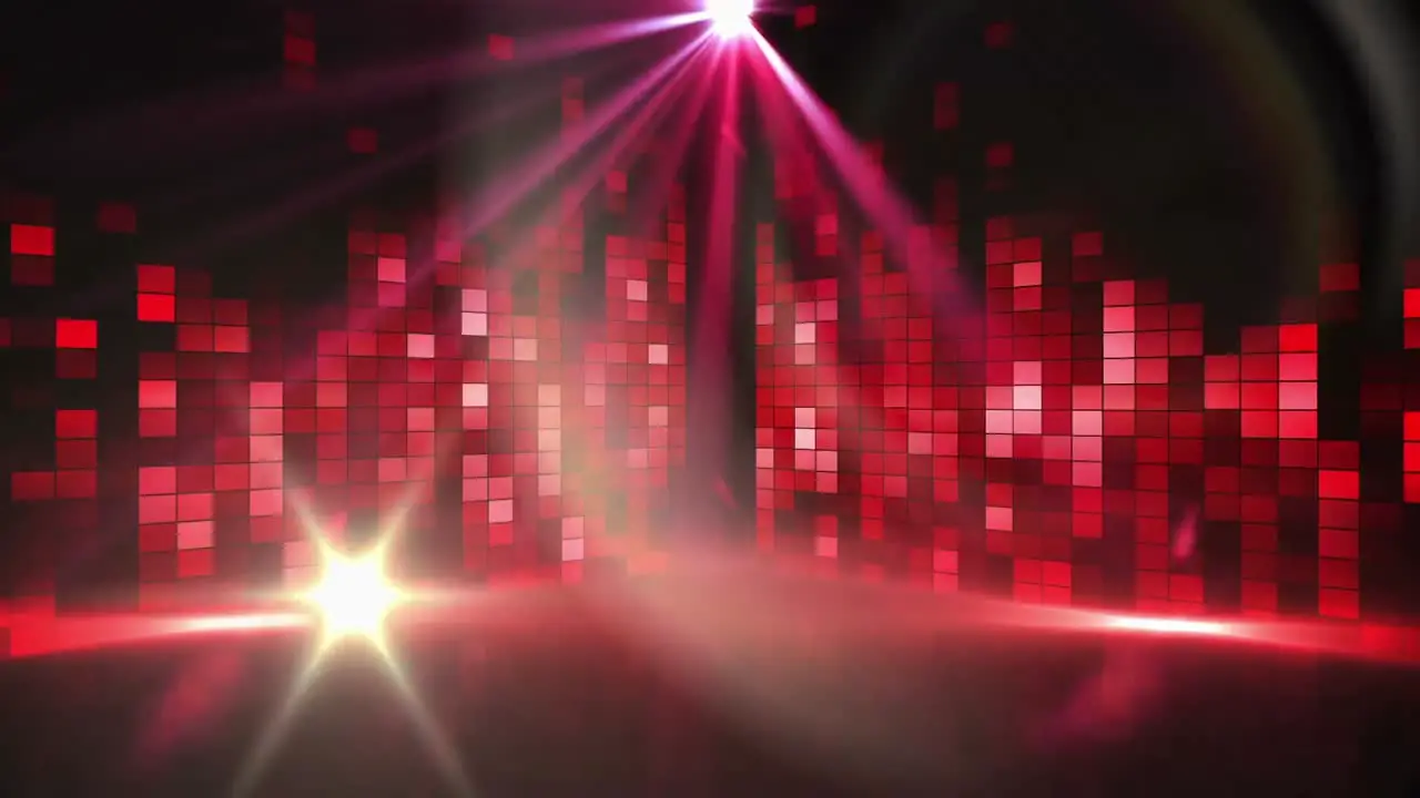 Animation of red graphic music equalizer lights and moving spotlights