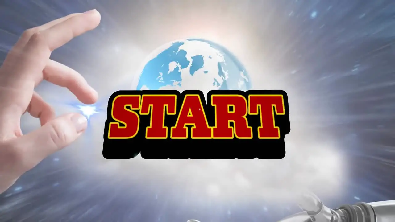 Animation of start text in red letters over man's hand holding glowing spot and globe