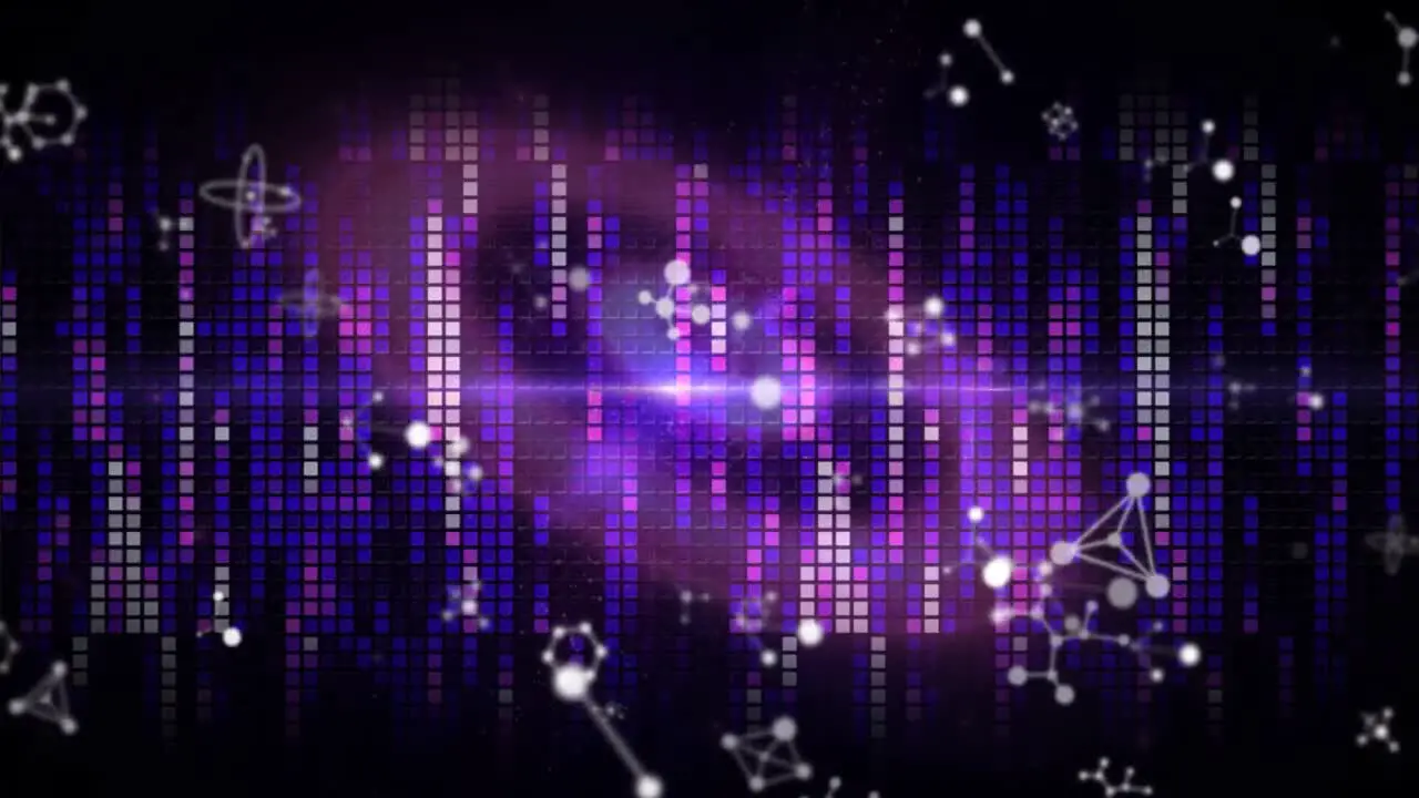 Animation of rotating molecules over purple circle and background made of squares