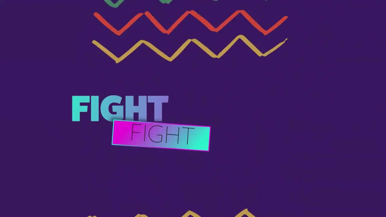 Animation of fight text in blue to purple over zig zag pattern on purple background