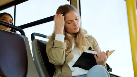 Close up view of young woman in the bus