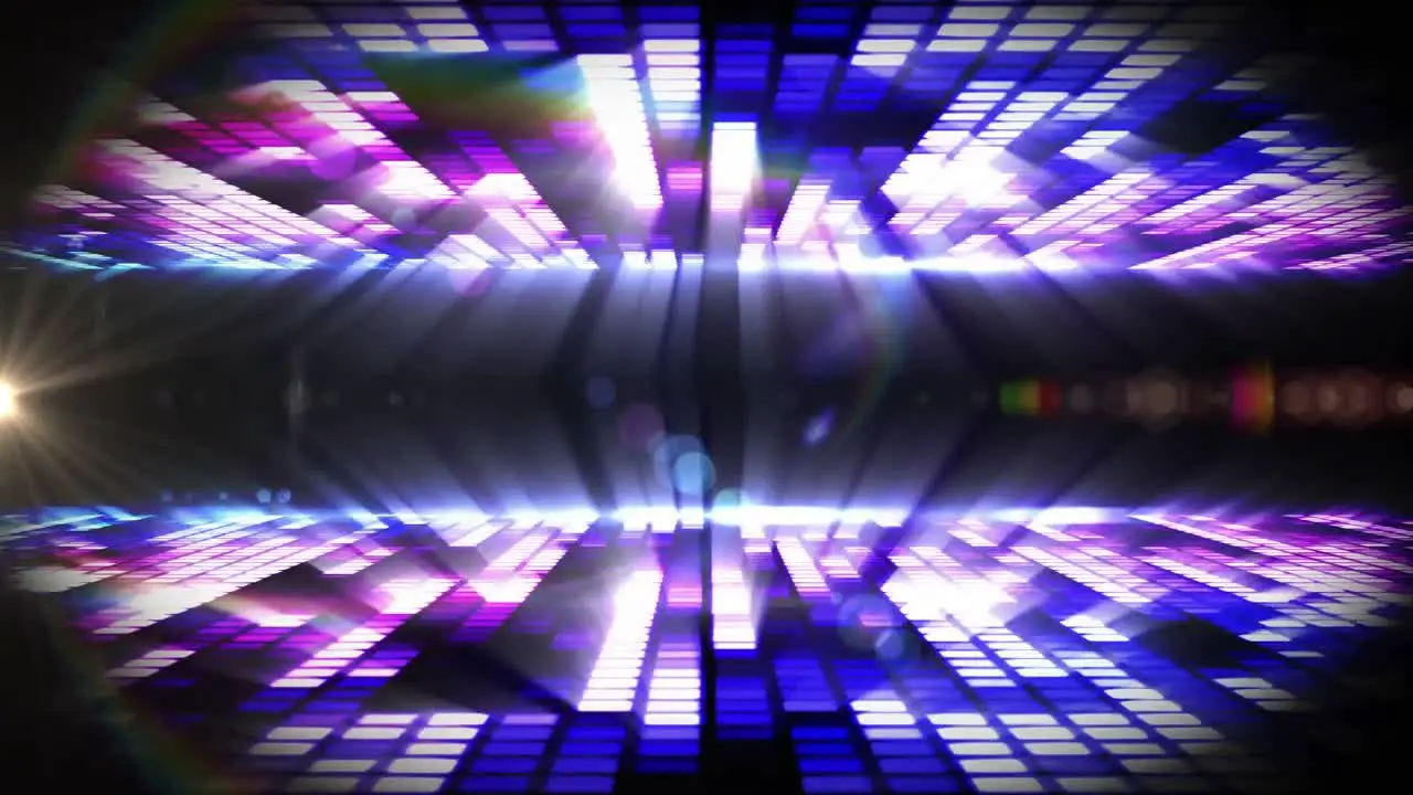 Animation of purple graphic music equalizer lights and moving spotlights