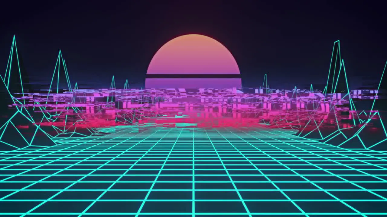 Animation of neon flickering game over text over glowing pink sun and blue grid