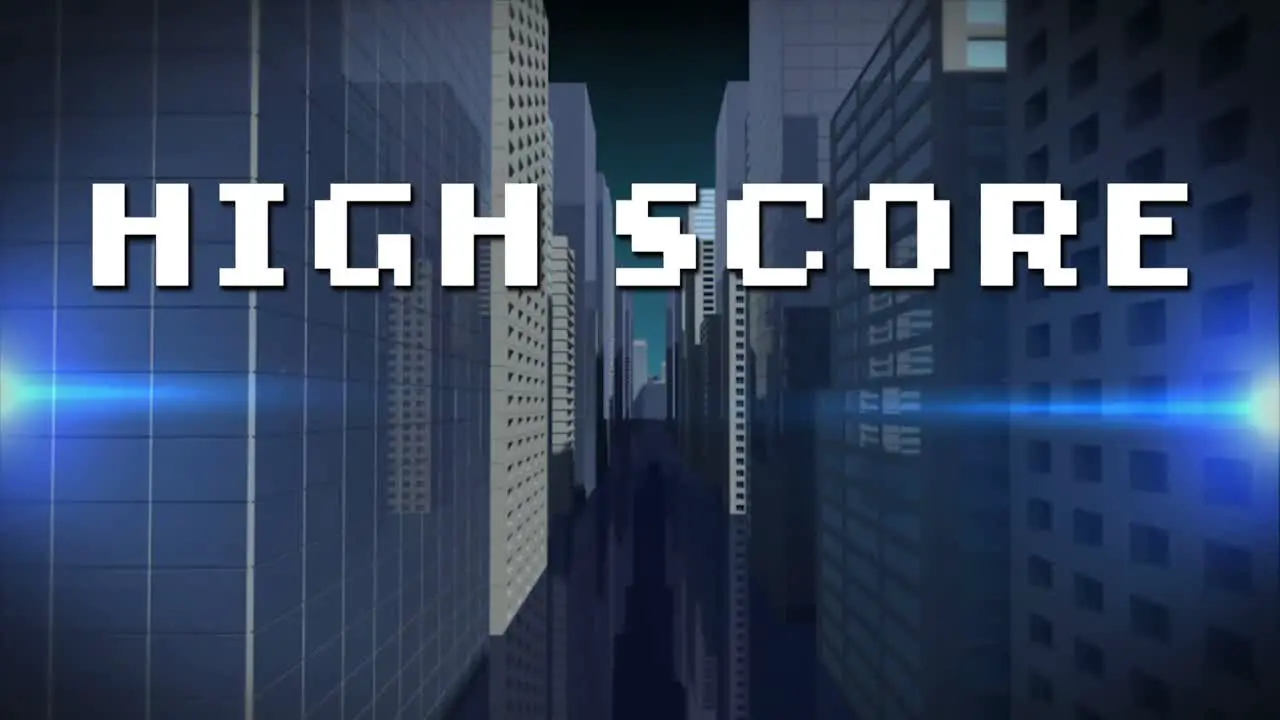 Animation of high score text over digital cityscape