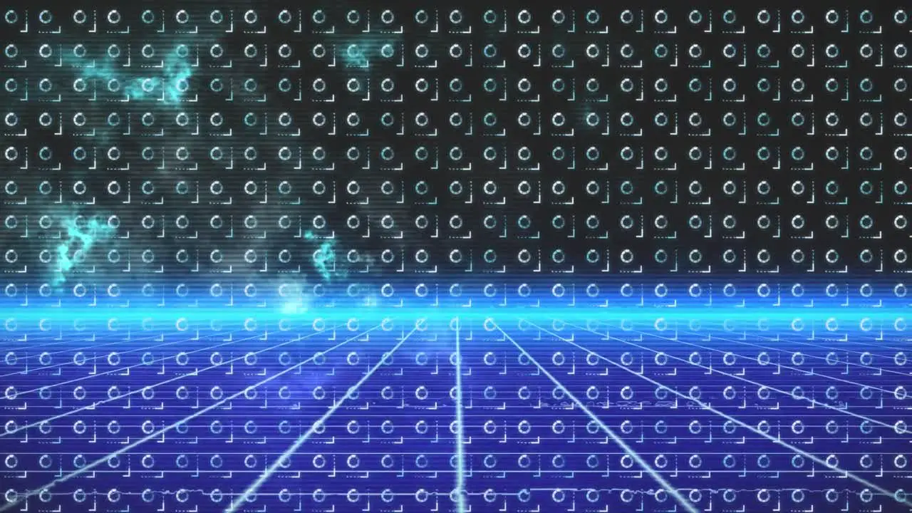 Animation of moving shapes over glowing moving blue grid