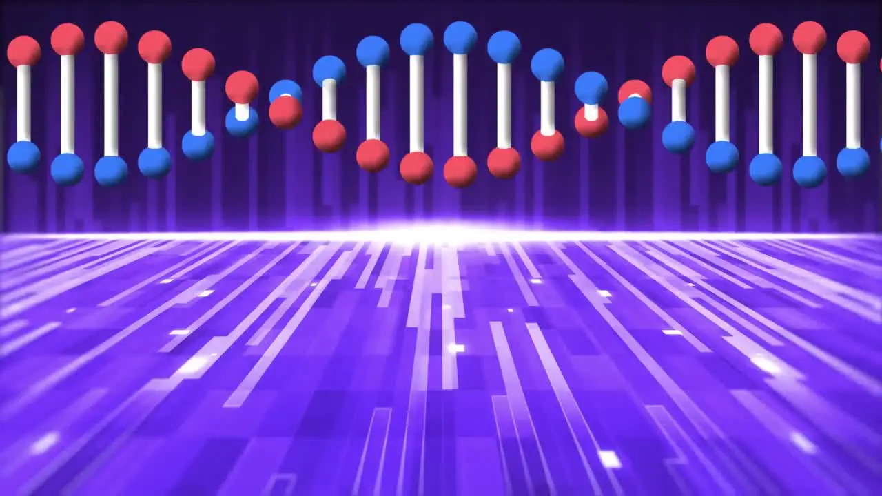 Animation of dna strand over blue moving stripes and lights